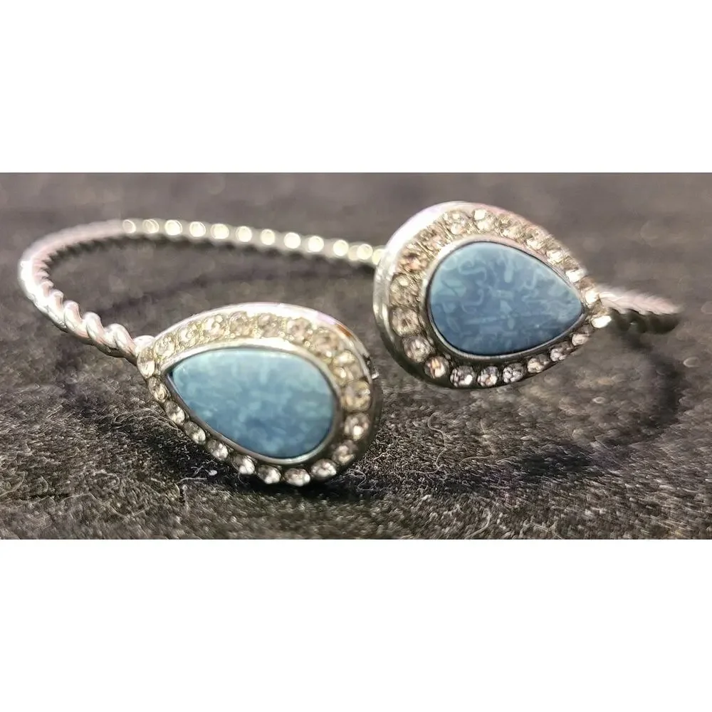 Jilzarah Adjustable Silvertone Bangle Bracelet Blue Clay Cabachon Crystals